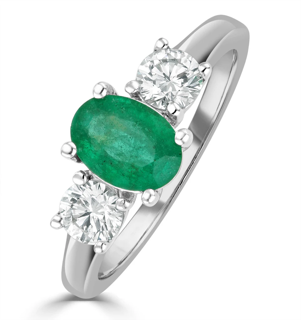0.70ct Oval Cut Emerald and Lab Diamond 3 Stone Ring in 9K White Gold