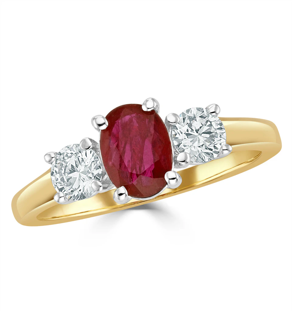 1.15ct Oval Cut Ruby and Lab Diamond 3 Stone Ring in 9K Yellow Gold