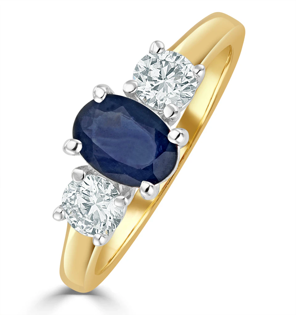 0.50ct Oval Cut Sapphire and Lab Diamond 3 Stone Ring in 9K Yellow Gold