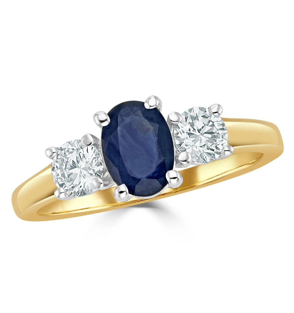 0.50ct Oval Cut Sapphire and Lab Diamond 3 Stone Ring in 9K Yellow Gold