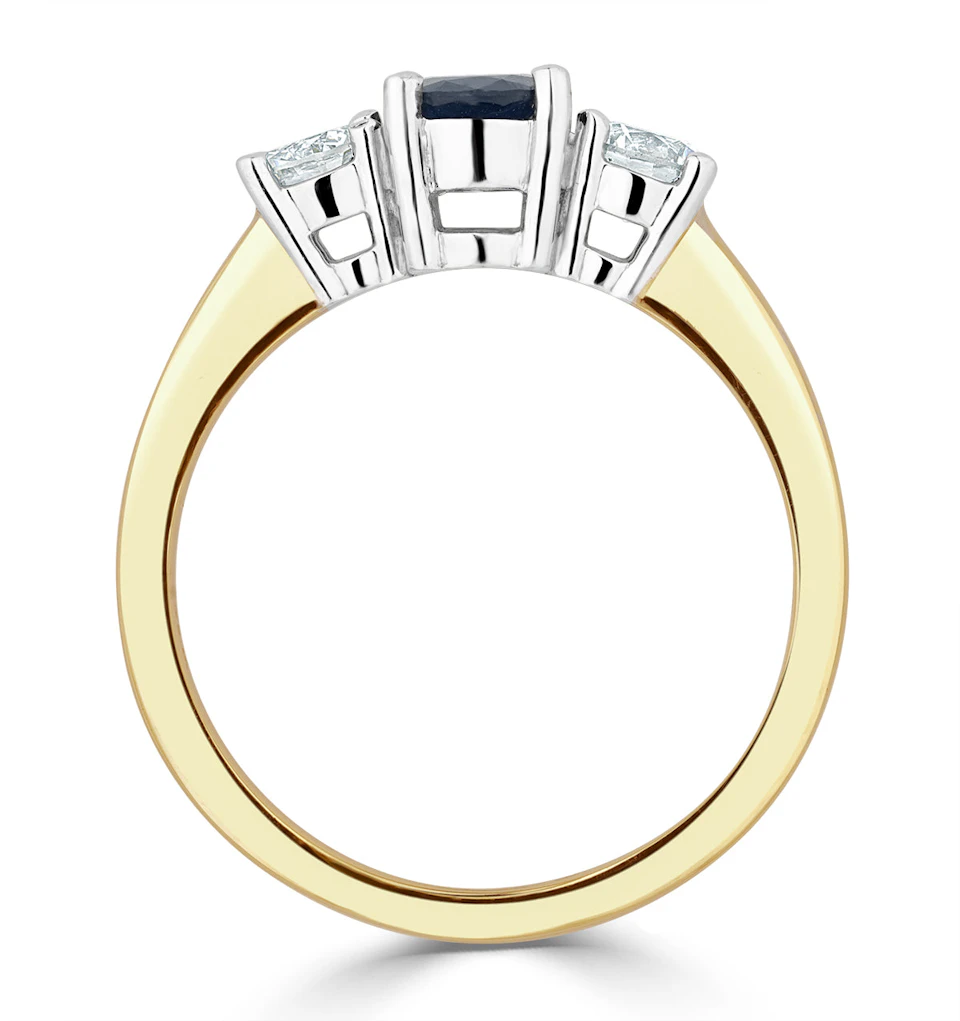 0.50ct Oval Cut Sapphire and Lab Diamond 3 Stone Ring in 9K Yellow Gold