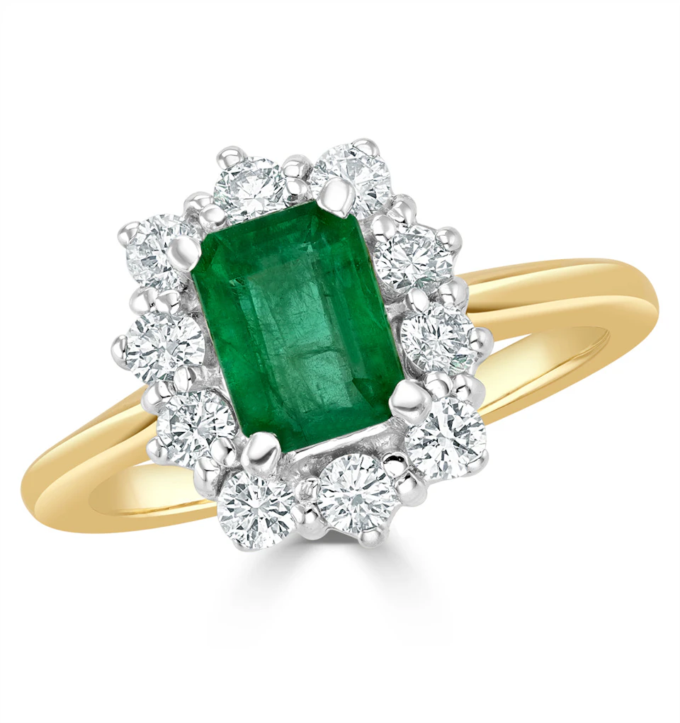1.00ct Octagon Cut Emerald and Lab Diamond Halo Ring in 9K Yellow Gold