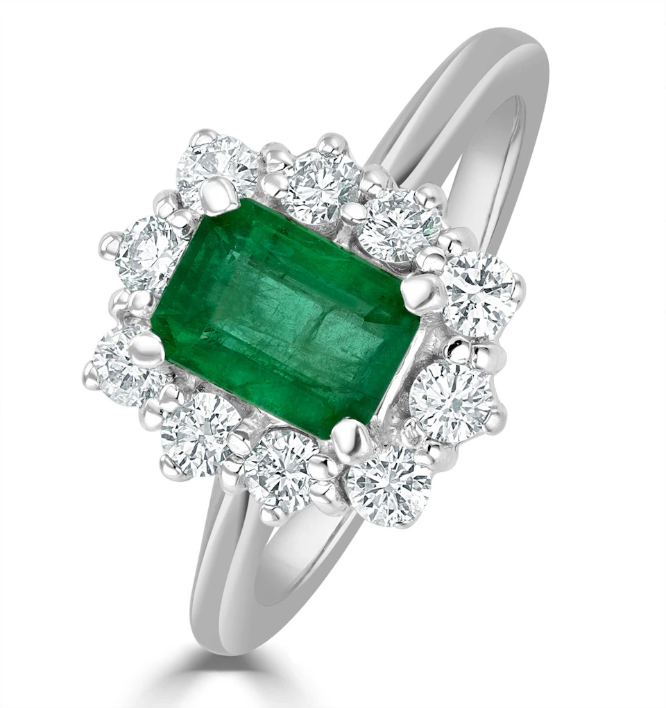 1.00ct Octagon Cut Emerald and Lab Diamond Halo Ring in 9K White Gold