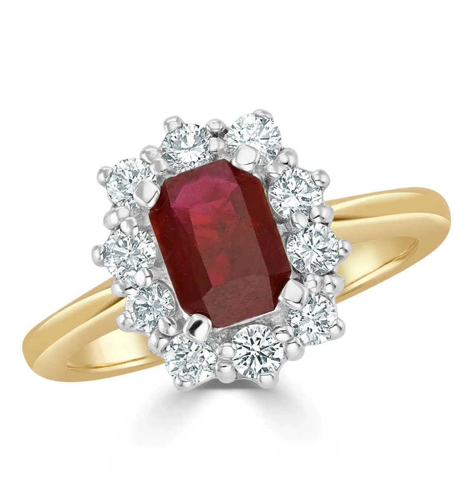 1.10ct Octagon Cut Ruby and Lab Diamond Halo Ring in 9K Yellow Gold Ring