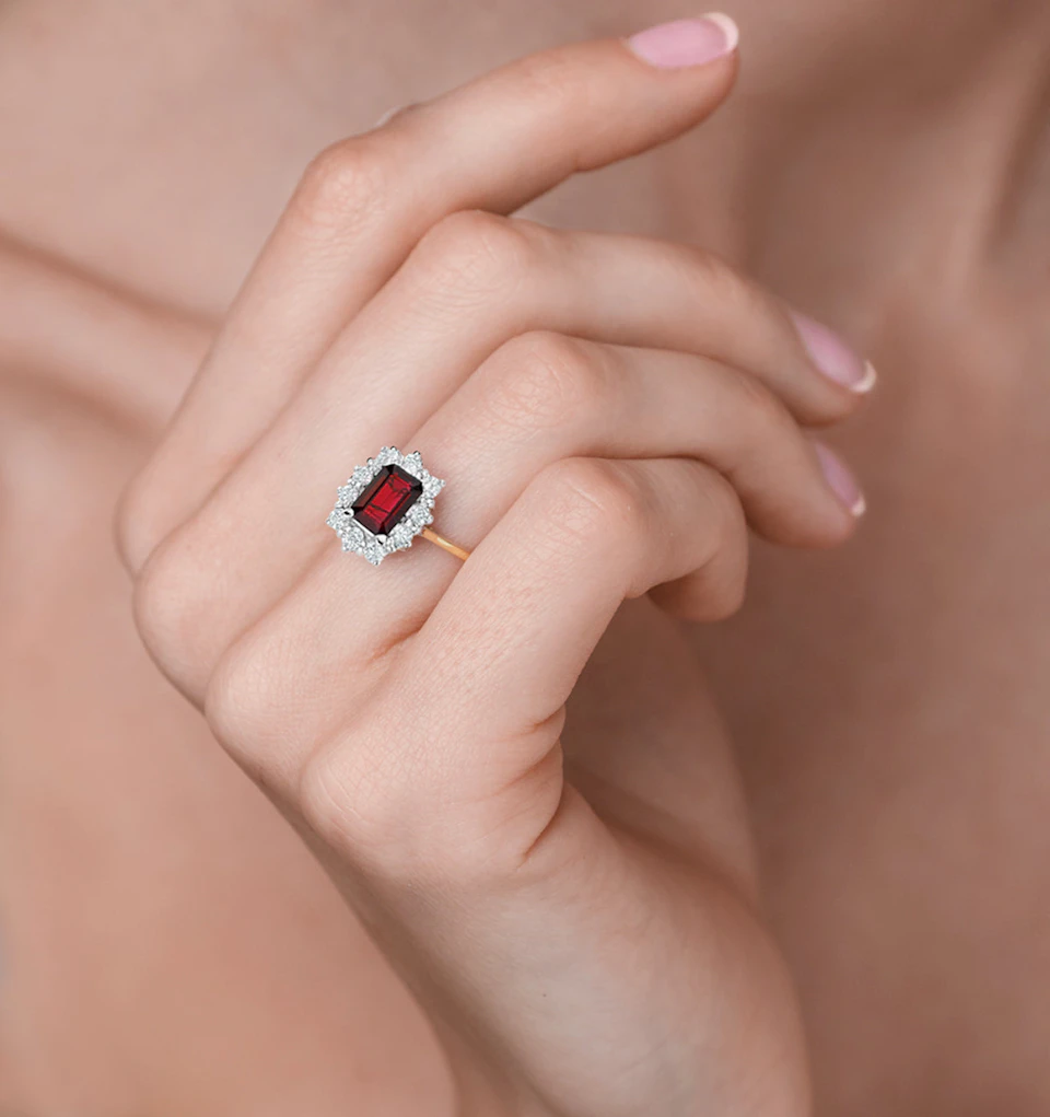 1.10ct Octagon Cut Ruby and Lab Diamond Halo Ring in 9K Yellow Gold Ring
