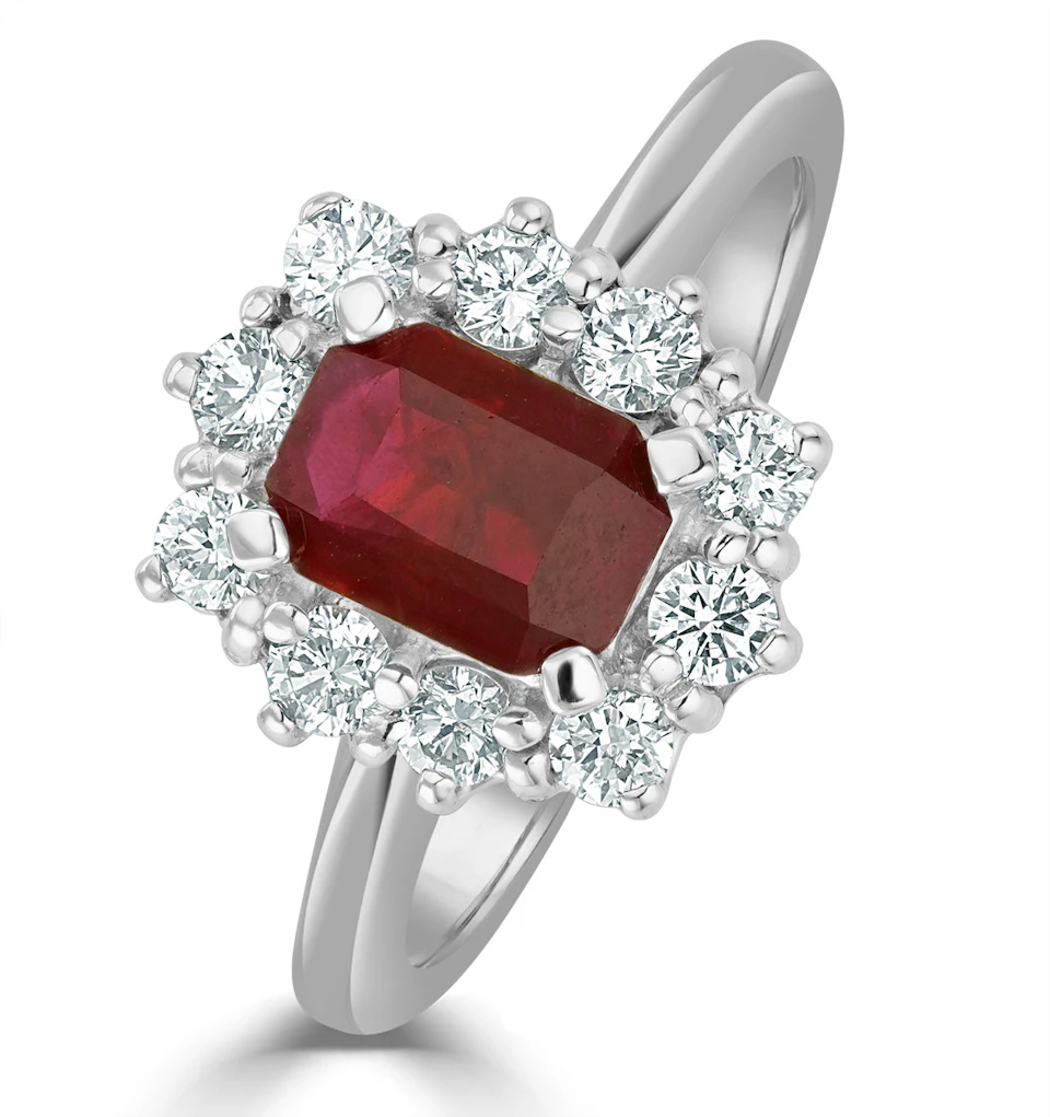 1.10ct Octagon Cut Ruby and Lab Diamond Halo Ring in 9K White Gold Ring