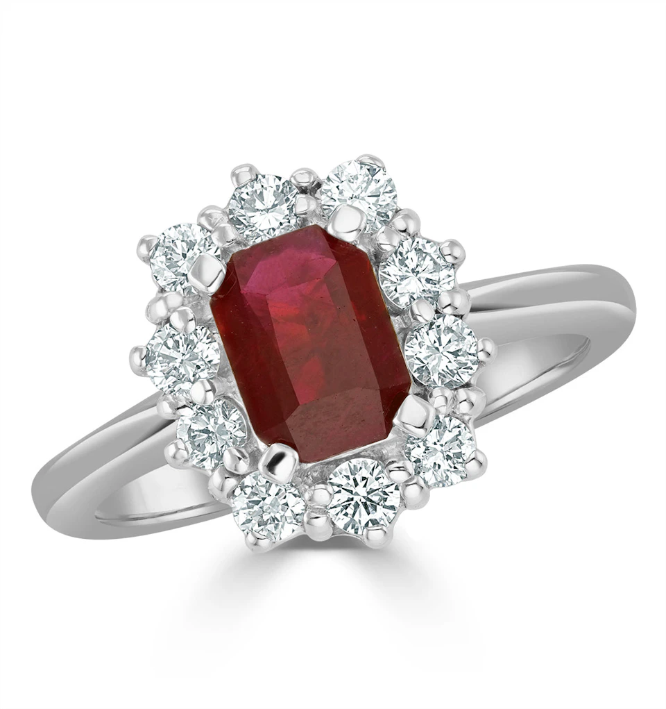 1.10ct Octagon Cut Ruby and Lab Diamond Halo Ring in 9K White Gold Ring