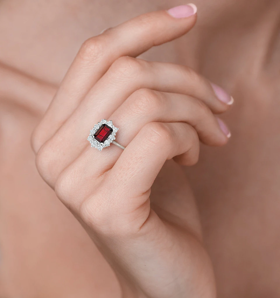 1.10ct Octagon Cut Ruby and Lab Diamond Halo Ring in 9K White Gold Ring