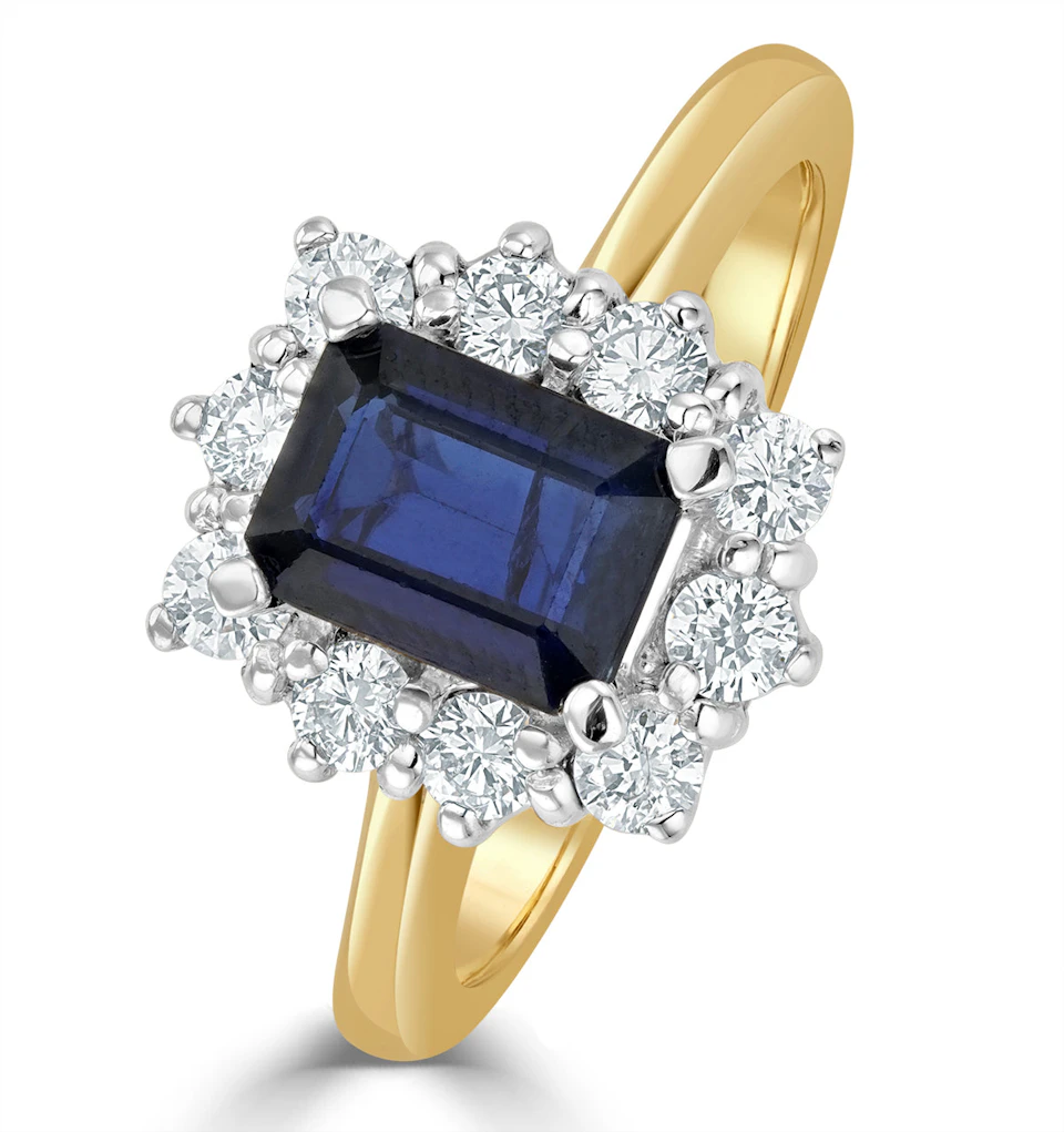1.15ct Octagon Cut Sapphire and Lab Diamond Halo Ring in 9K Yellow Gold