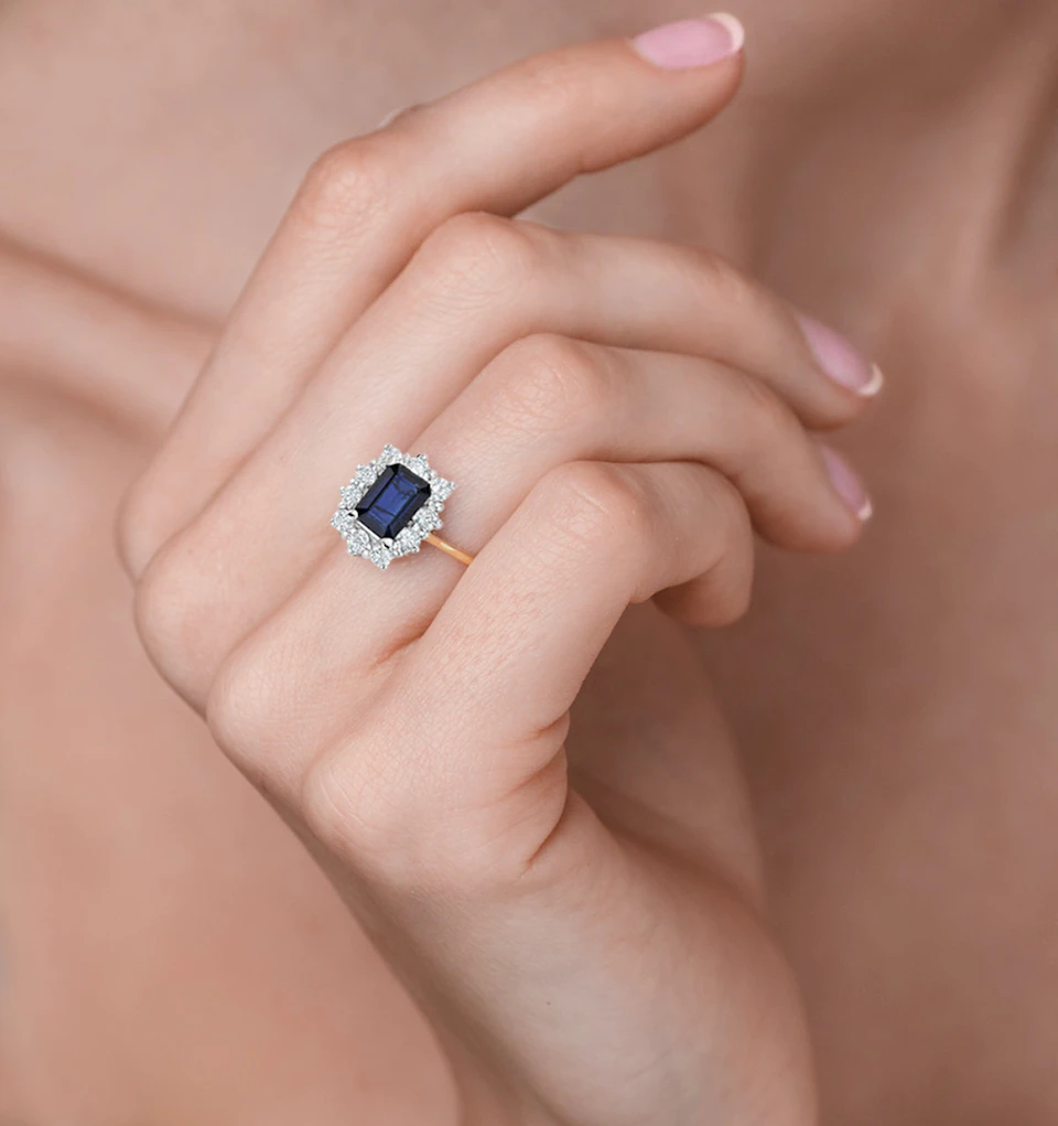 1.15ct Octagon Cut Sapphire and Lab Diamond Halo Ring in 9K Yellow Gold