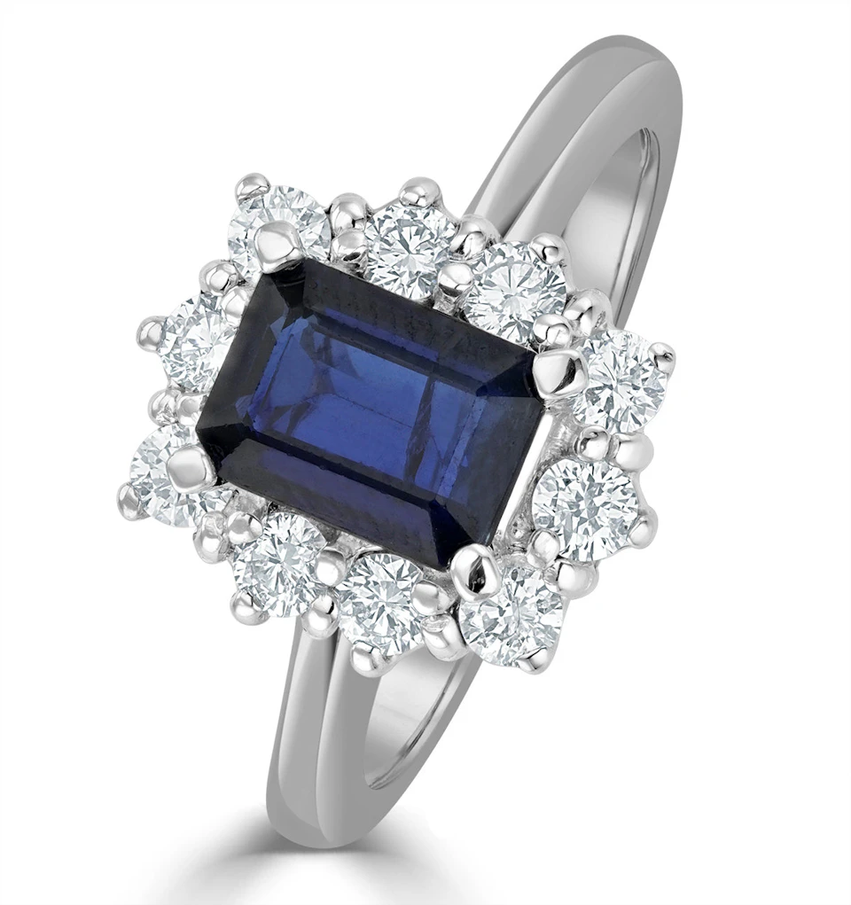1.15ct Octagon Cut Sapphire and Lab Diamond Halo Ring in 9K White Gold