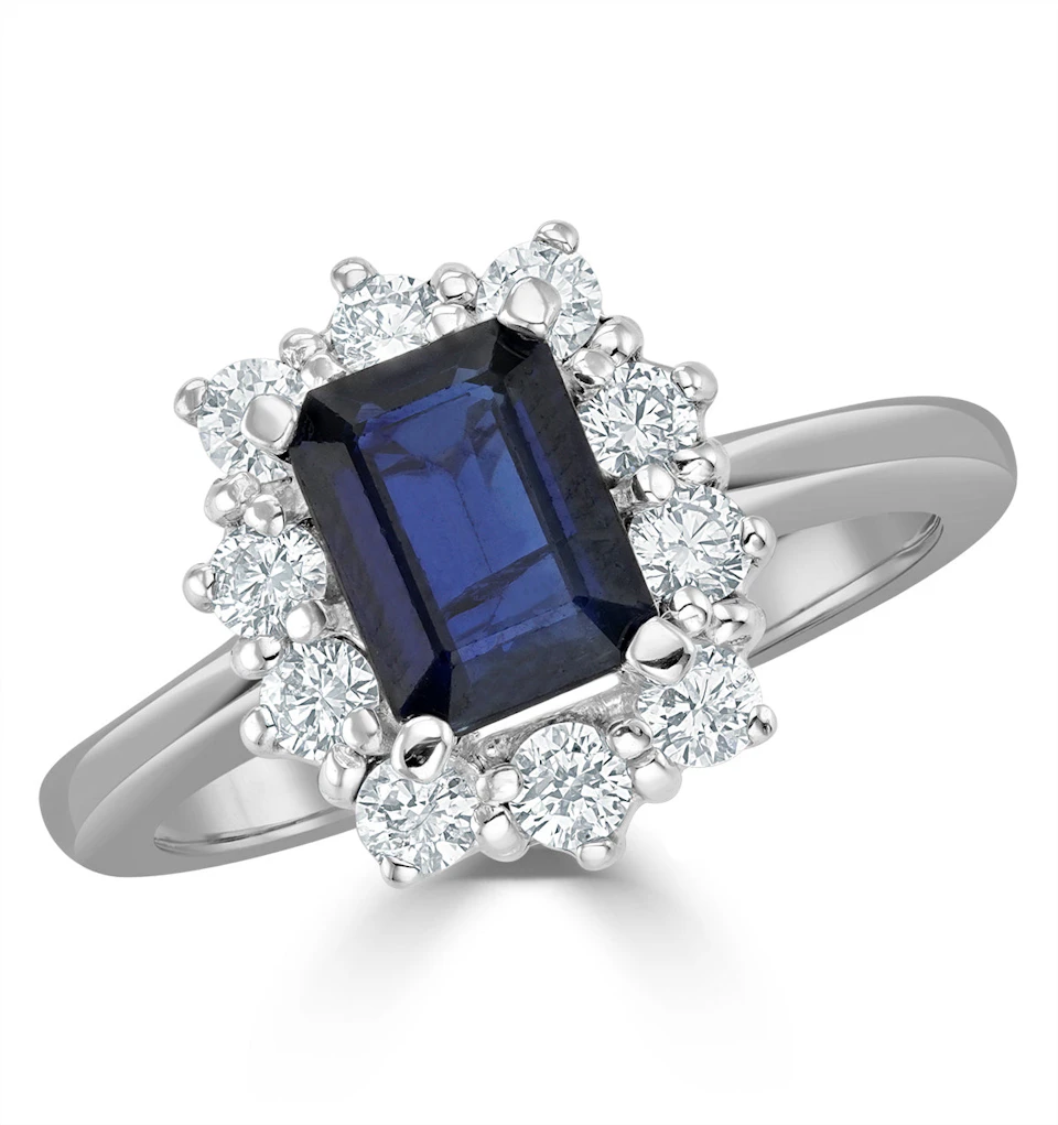 1.15ct Octagon Cut Sapphire and Lab Diamond Halo Ring in 9K White Gold