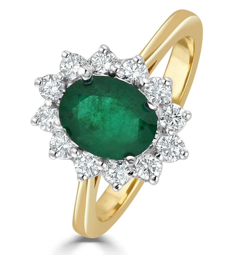 1.15ct Oval Cut Emerald and Lab Diamond Halo Ring in 9K Yellow Gold