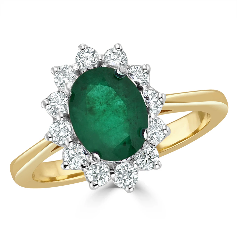 1.15ct Oval Cut Emerald and Lab Diamond Halo Ring in 9K Yellow Gold