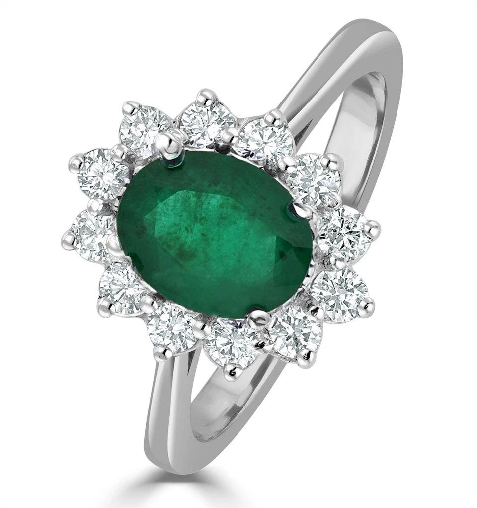 1.15ct Oval Cut Emerald and Lab Diamond Halo Ring in 9K White Gold