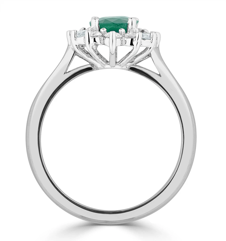 1.15ct Oval Cut Emerald and Lab Diamond Halo Ring in 9K White Gold