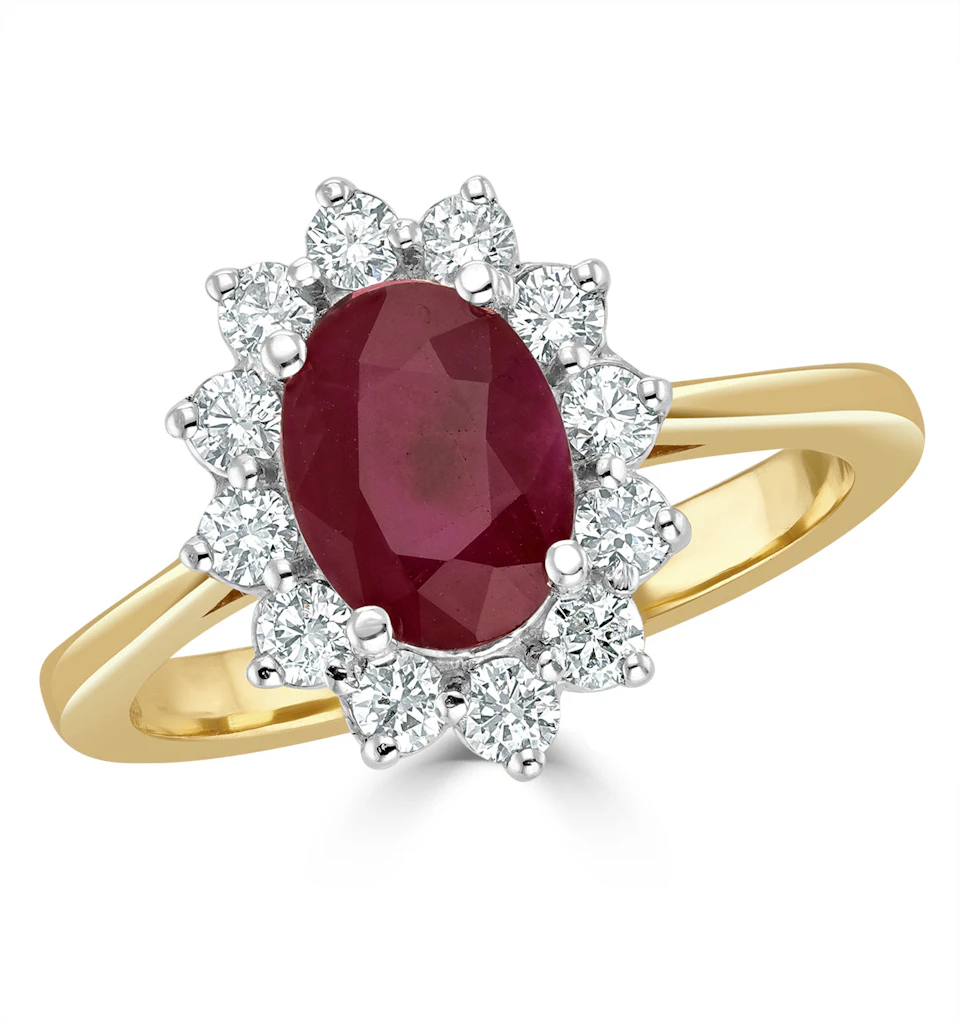 1.35ct Oval Cut Ruby and Lab Diamond Halo Ring in 9K Yellow Gold