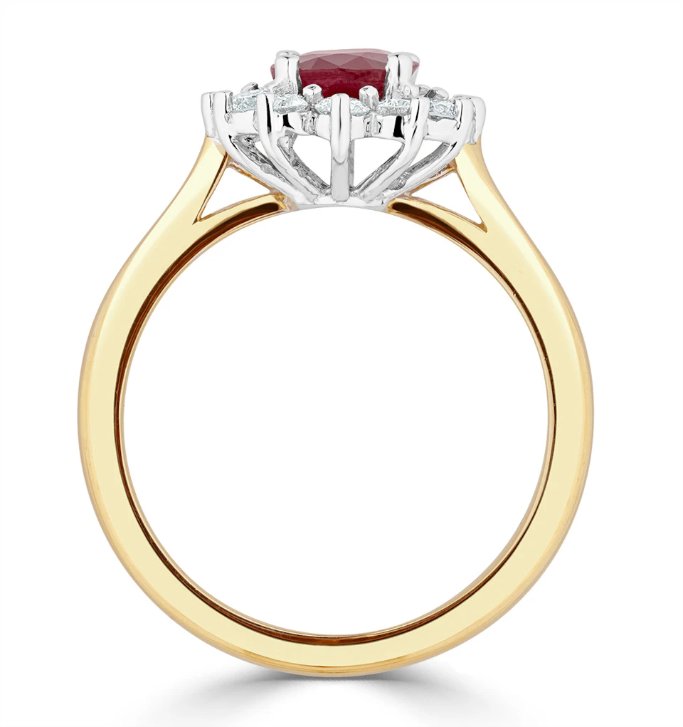 1.35ct Oval Cut Ruby and Lab Diamond Halo Ring in 9K Yellow Gold