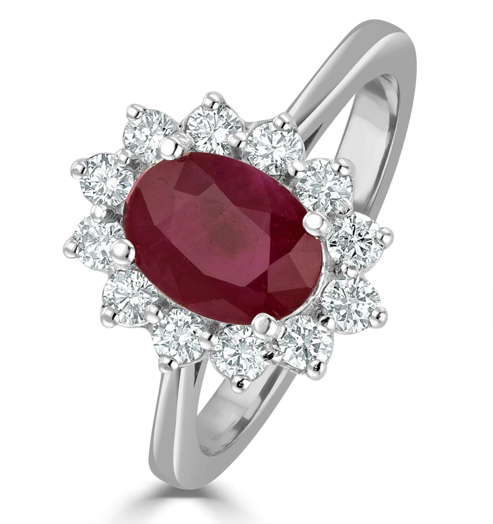 1.35ct Oval Cut Ruby and Lab Diamond Halo Ring in 9K White Gold