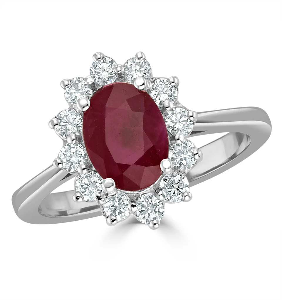 1.35ct Oval Cut Ruby and Lab Diamond Halo Ring in 9K White Gold