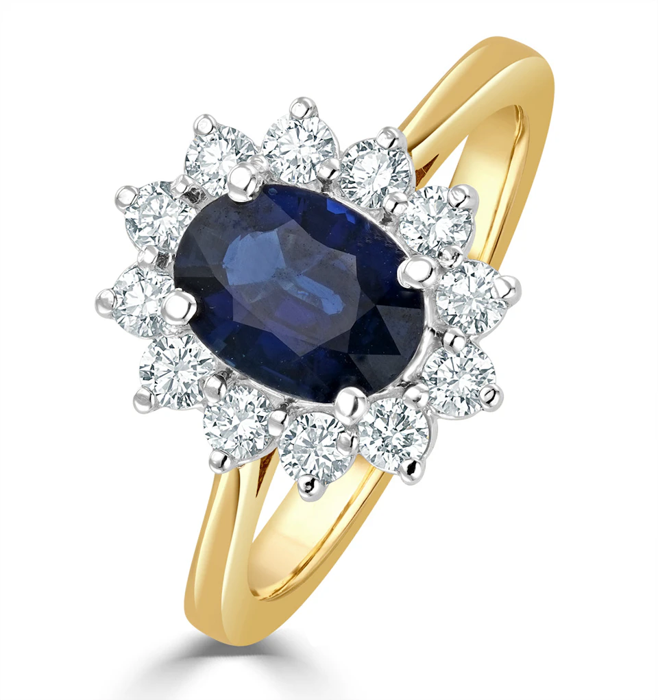 1.55ct Oval Cut Sapphire and Lab Diamond Halo Ring in 9K Yellow Gold