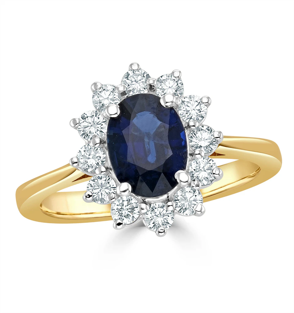 1.55ct Oval Cut Sapphire and Lab Diamond Halo Ring in 9K Yellow Gold