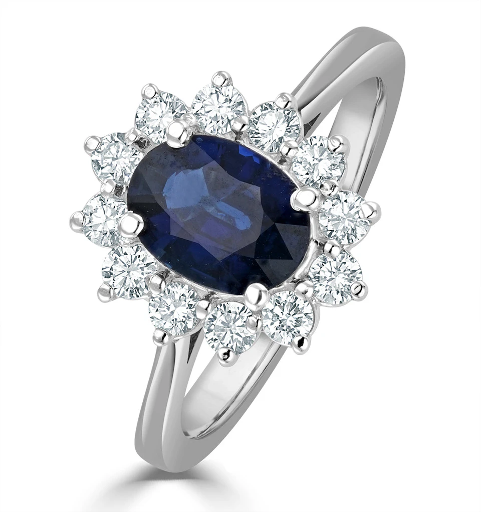 1.55ct Oval Cut Sapphire and Lab Diamond Halo Ring in 9K White Gold