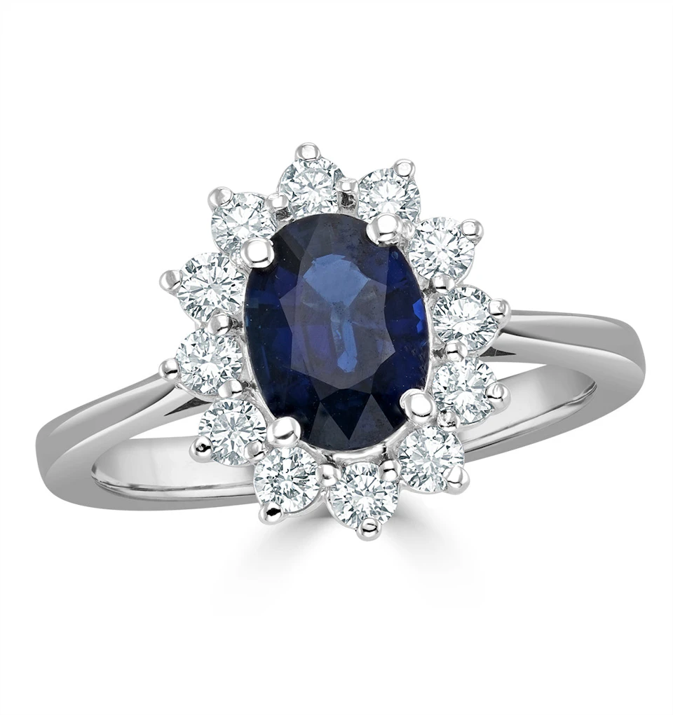 1.55ct Oval Cut Sapphire and Lab Diamond Halo Ring in 9K White Gold