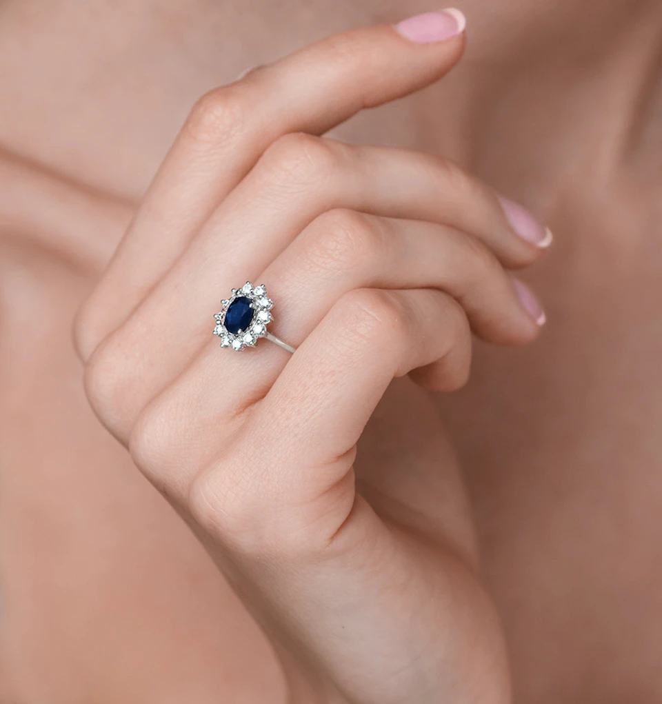 1.55ct Oval Cut Sapphire and Lab Diamond Halo Ring in 9K White Gold