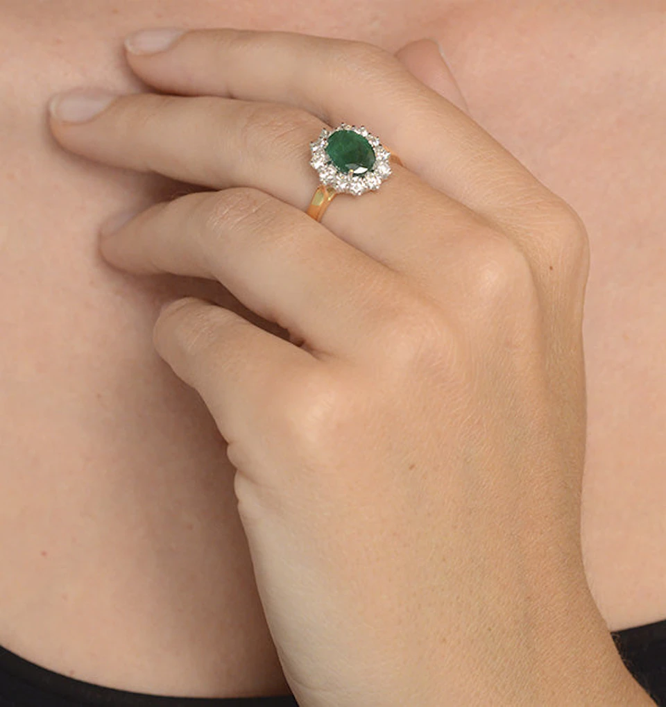1.95ct Oval Cut Emerald and Lab Diamond Halo Ring in 9K Yellow Gold