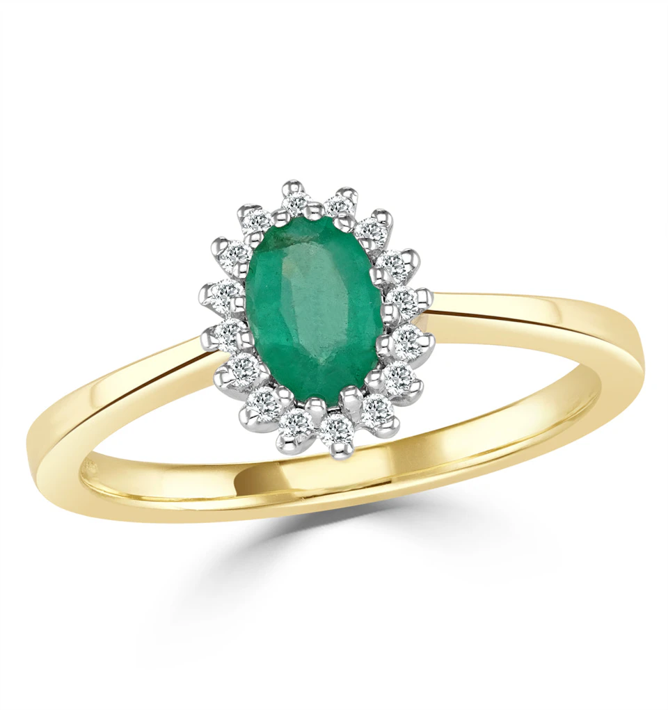 Emerald 6 x 4mm And Diamond 9K Gold Ring A3205