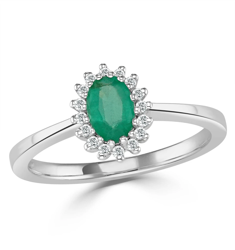 Emerald 6 x 4mm And Diamond 9K White Gold Ring Item A4434