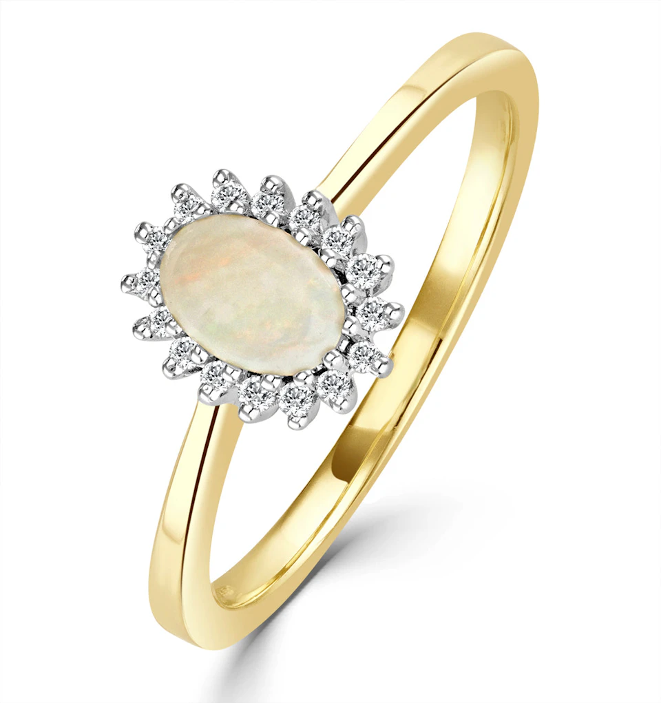 Opal 6 x 4mm And Diamond 18K Gold Ring