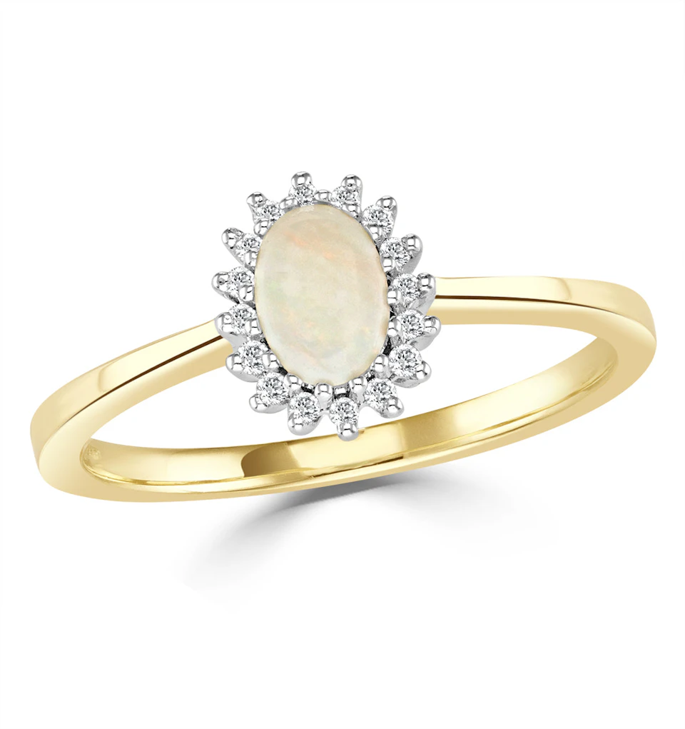 Opal 6 x 4mm And Diamond 18K Gold Ring