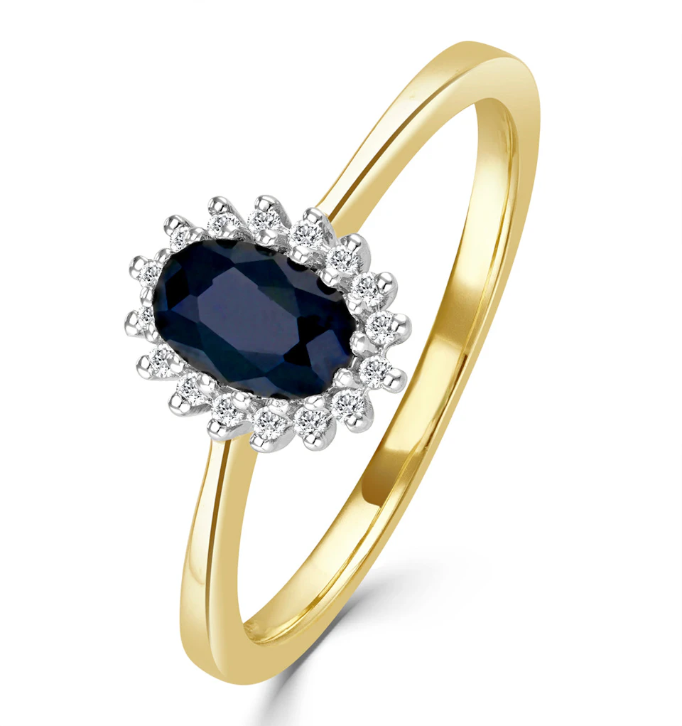 Sapphire 6 x 4mm And Diamond 9K Gold Ring
