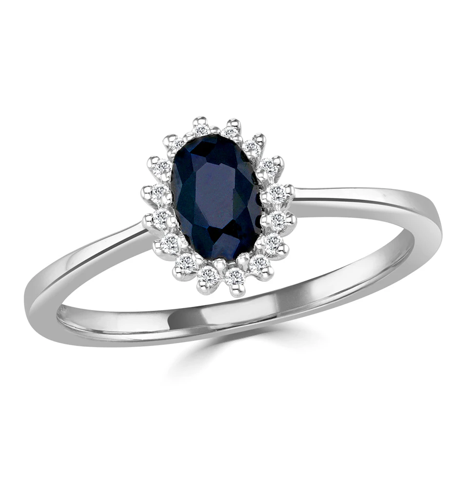 Sapphire 6 x 4mm And Diamond 18K White Gold Ring FET20-UY