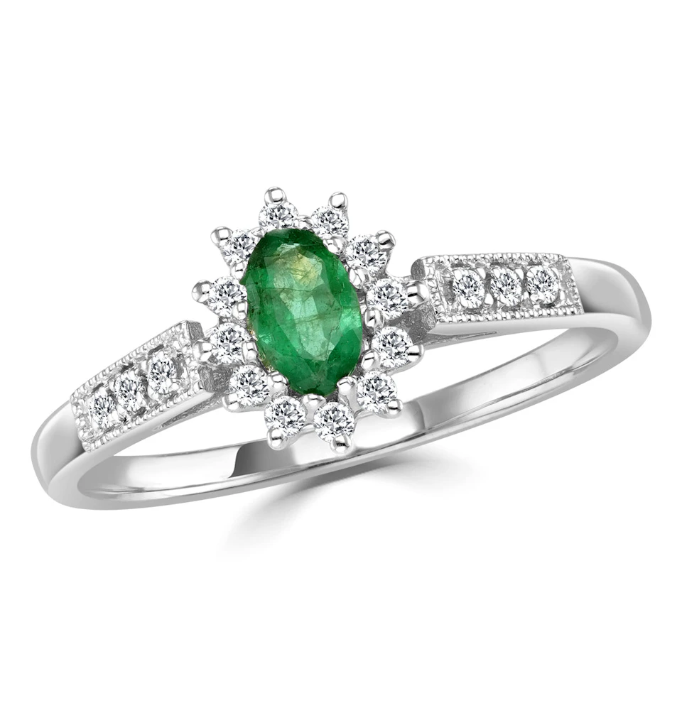 Emerald 5 x 3mm And Diamond 18K White Gold Ring