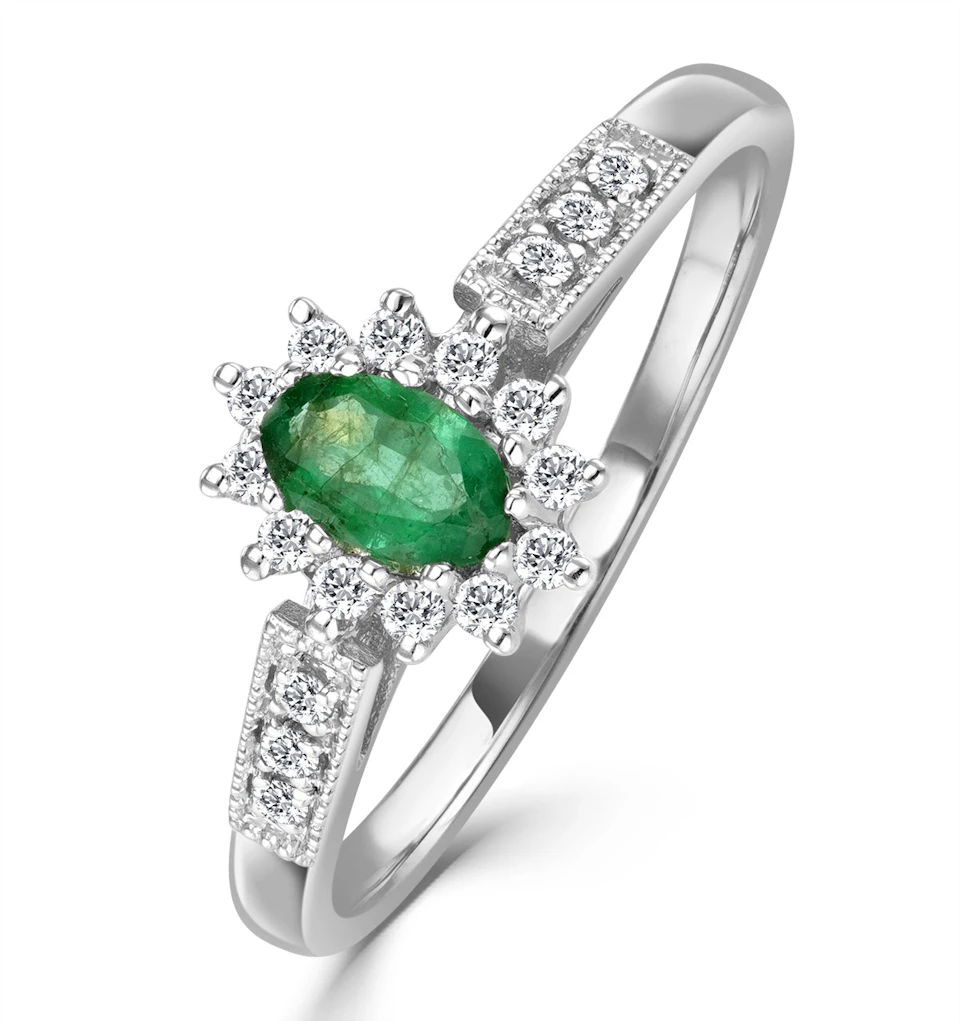 Emerald 5 x 3mm And Diamond 9K White Gold Ring
