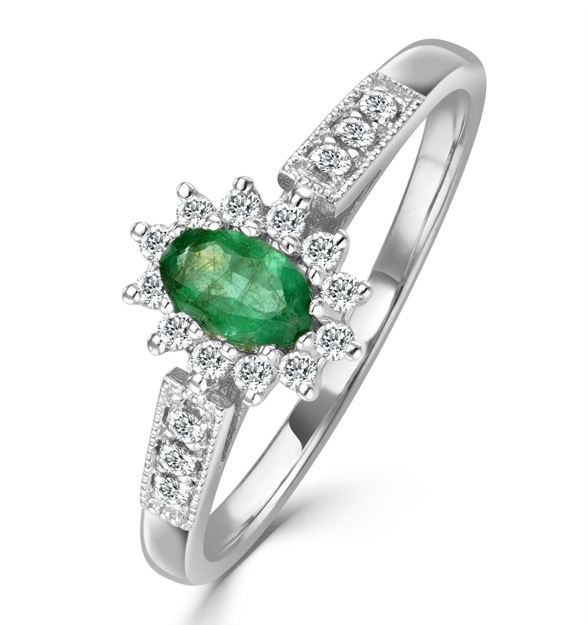 Emerald 5 x 3mm And Diamond 9K White Gold Ring