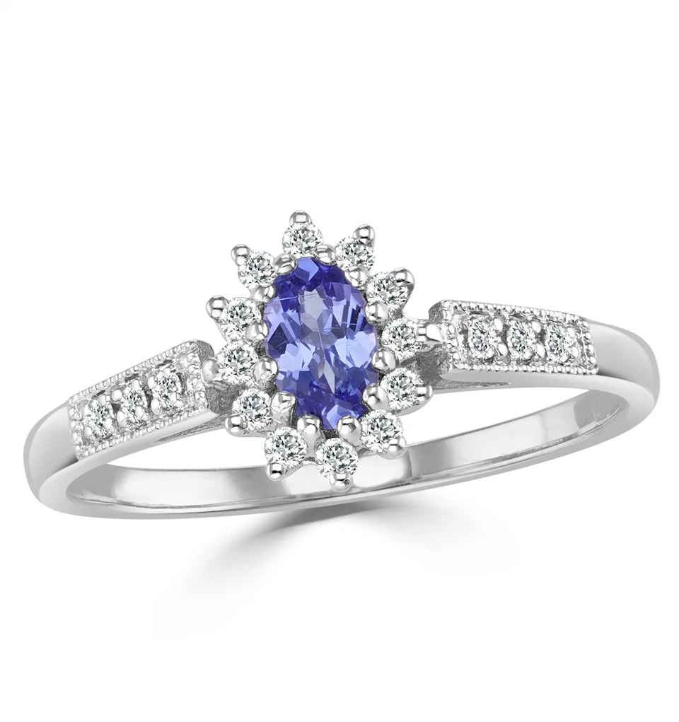 Tanzanite 5 x 3mm And Diamond 9K White Gold Ring