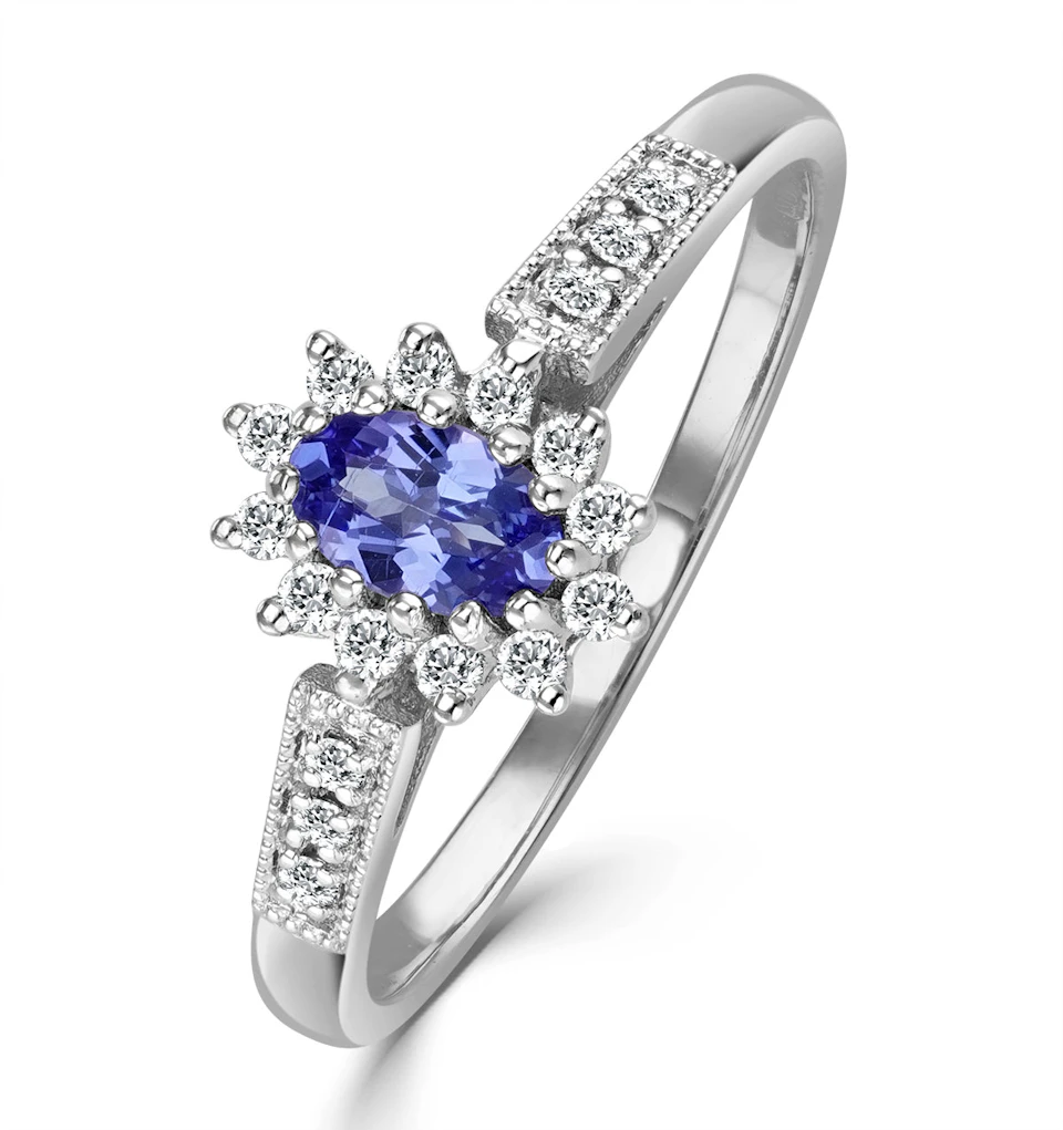 Tanzanite 5 x 3mm And Diamond 9K White Gold Ring