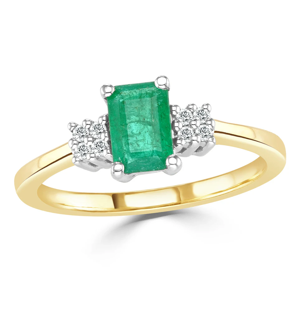 Emerald 6 x 4mm And Diamond 18K Gold Ring