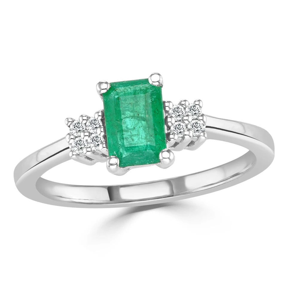 Emerald 6 x 4mm And Diamond 18K White Gold Ring