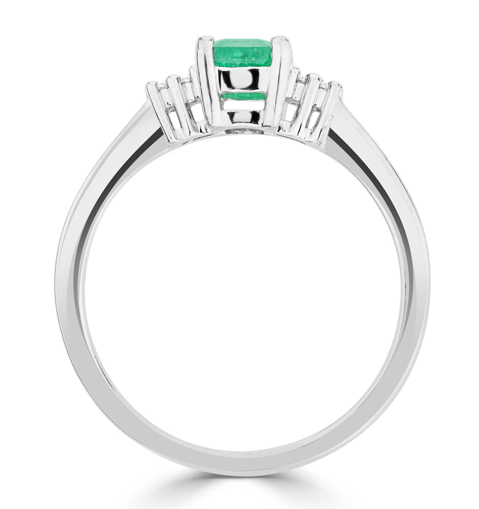 Emerald 6 x 4mm And Diamond 18K White Gold Ring