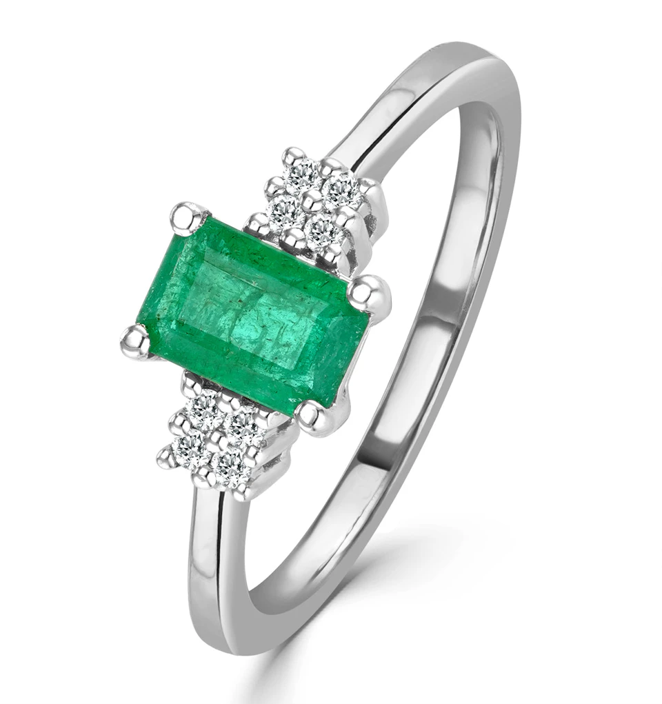 Emerald 6 x 4mm And Diamond 18K White Gold Ring