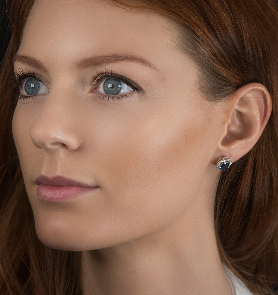 Sapphire 7mm x 5mm And Diamond 18K White Gold Earrings