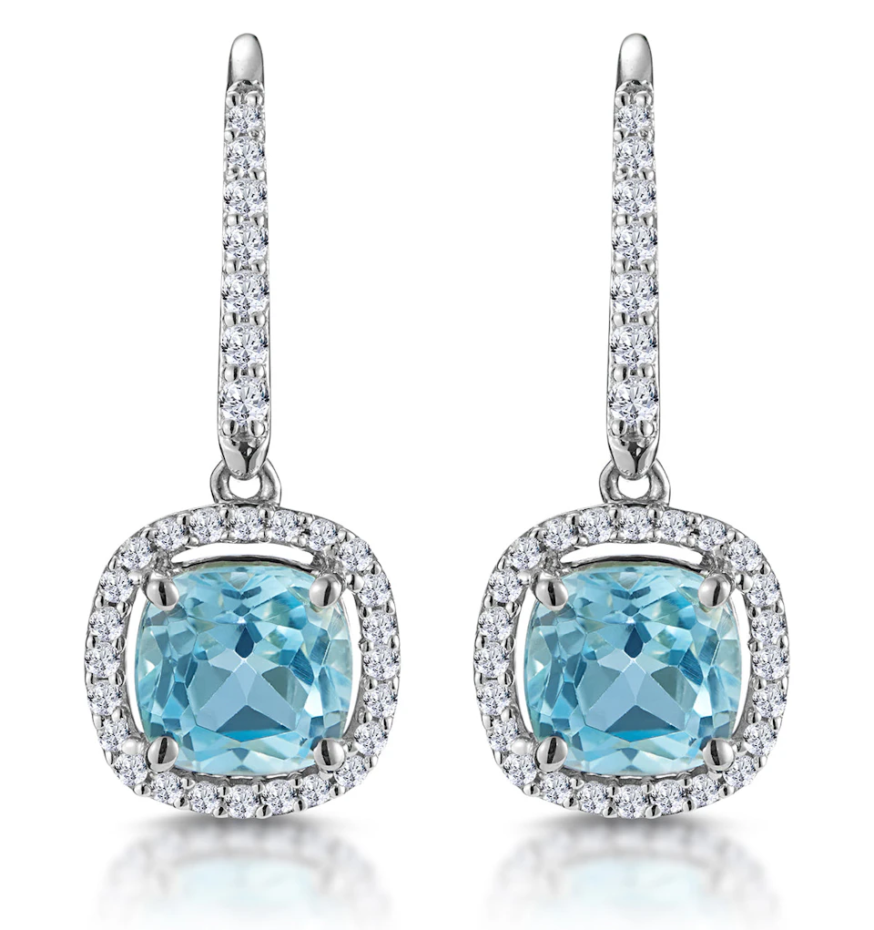 2ct Blue Topaz and Lab Diamond Halo Earrings 9KW Gold Asteria