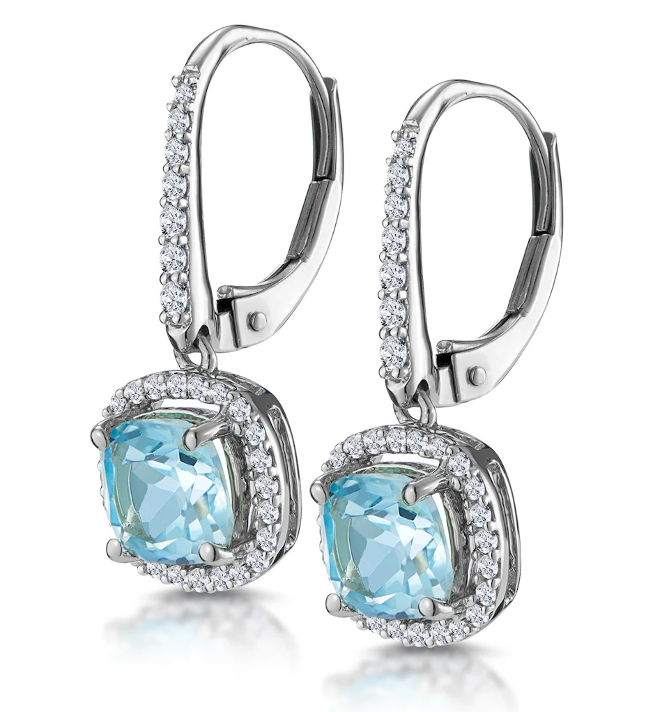 2ct Blue Topaz and Lab Diamond Halo Earrings 9KW Gold Asteria