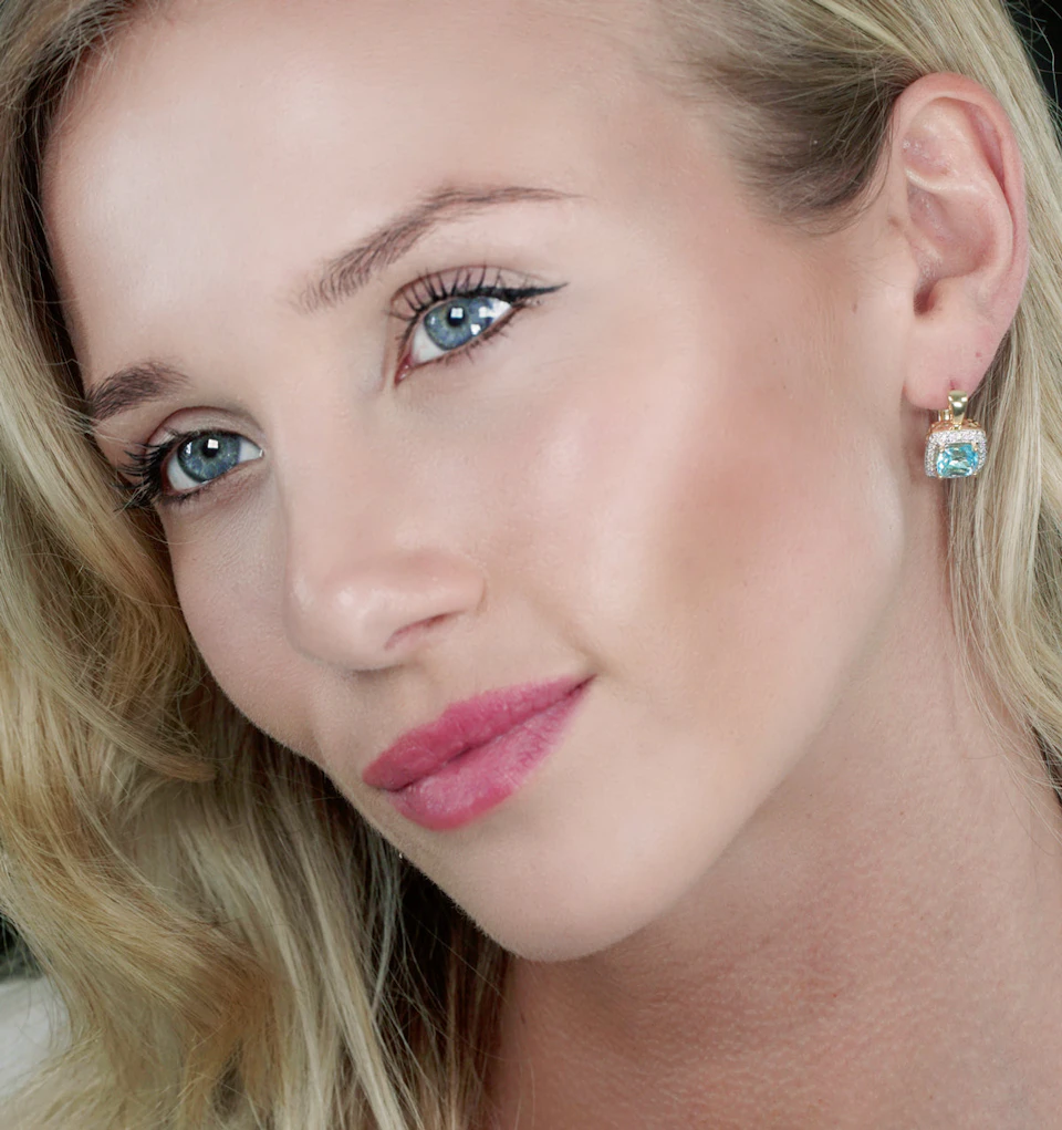 3ct Blue Topaz and Diamond Halo Earrings 18K Gold - Asteria Collection