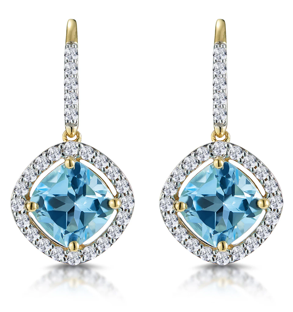 2.5ct Blue Topaz and Diamond Halo Earrings 18K Gold Asteria Collection